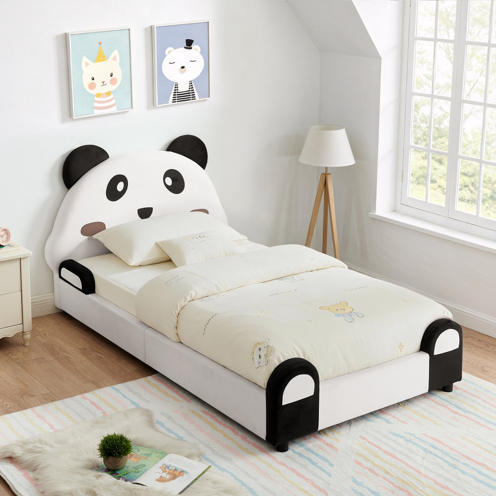 Twin Size Cute Panda-Shaped Kids Bed with Safety Soft Padded Edges, Solid Wood Toddler Bed Frame for Children for Bedroom, Velvet Fabric