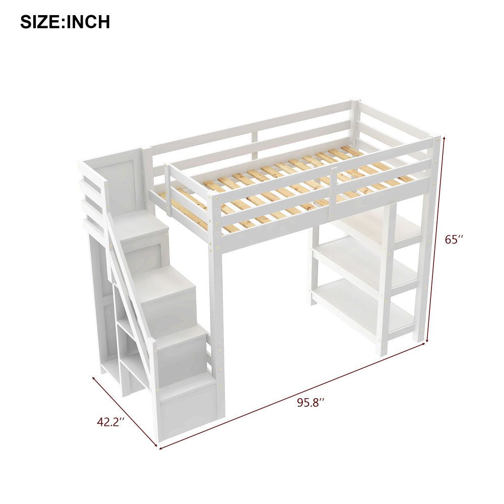 Twin Size Loft Bed with Shelves, Storage Staircase, Small Wardrobe and White LED Light, White