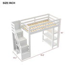 Twin Size Loft Bed with Shelves, Storage Staircase, Small Wardrobe and White LED Light, White