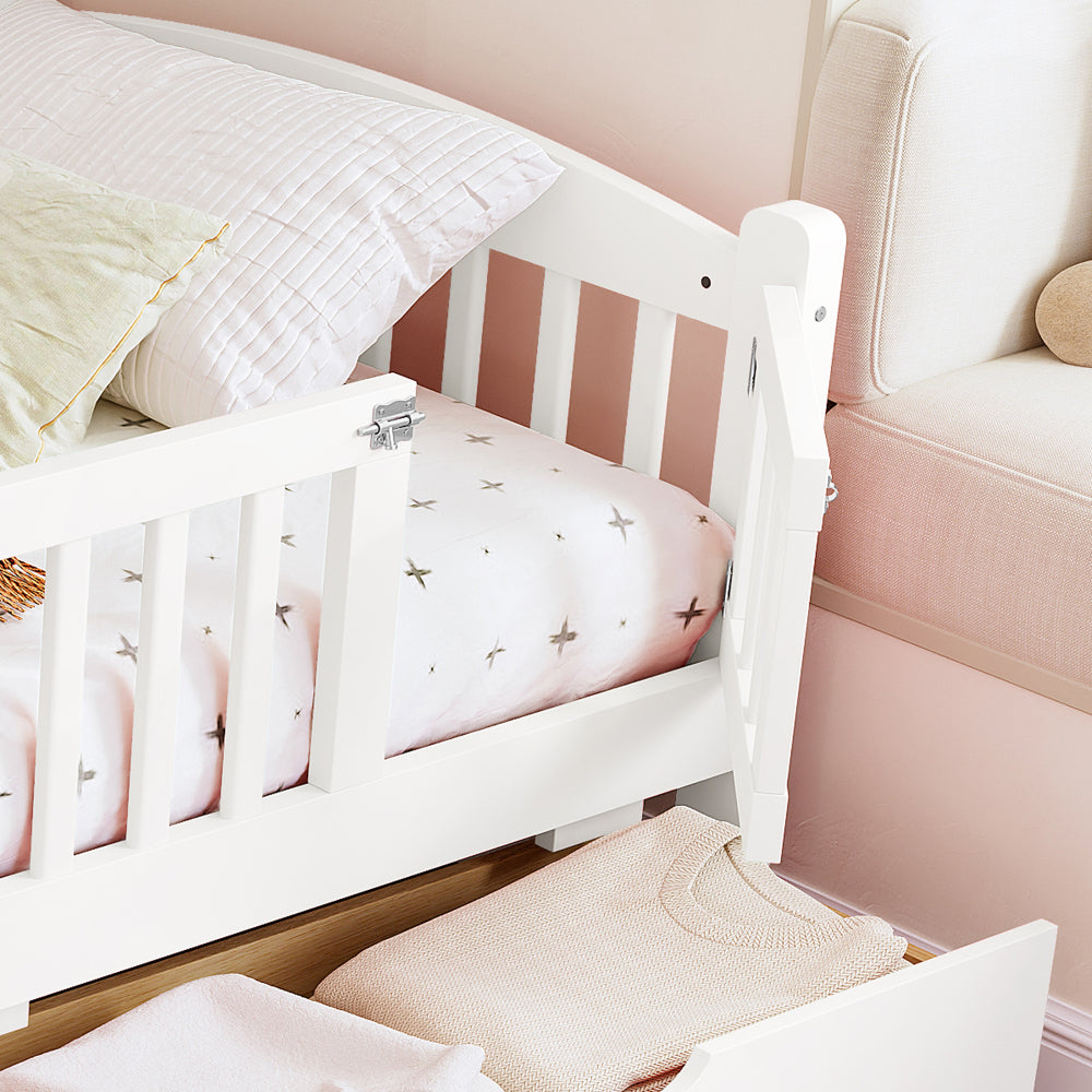 Twin Platform Bed with Full-length Guardrails, Kids Platform Bed with Storage Drawers, Childlike and Cute Headboard Design, Pink