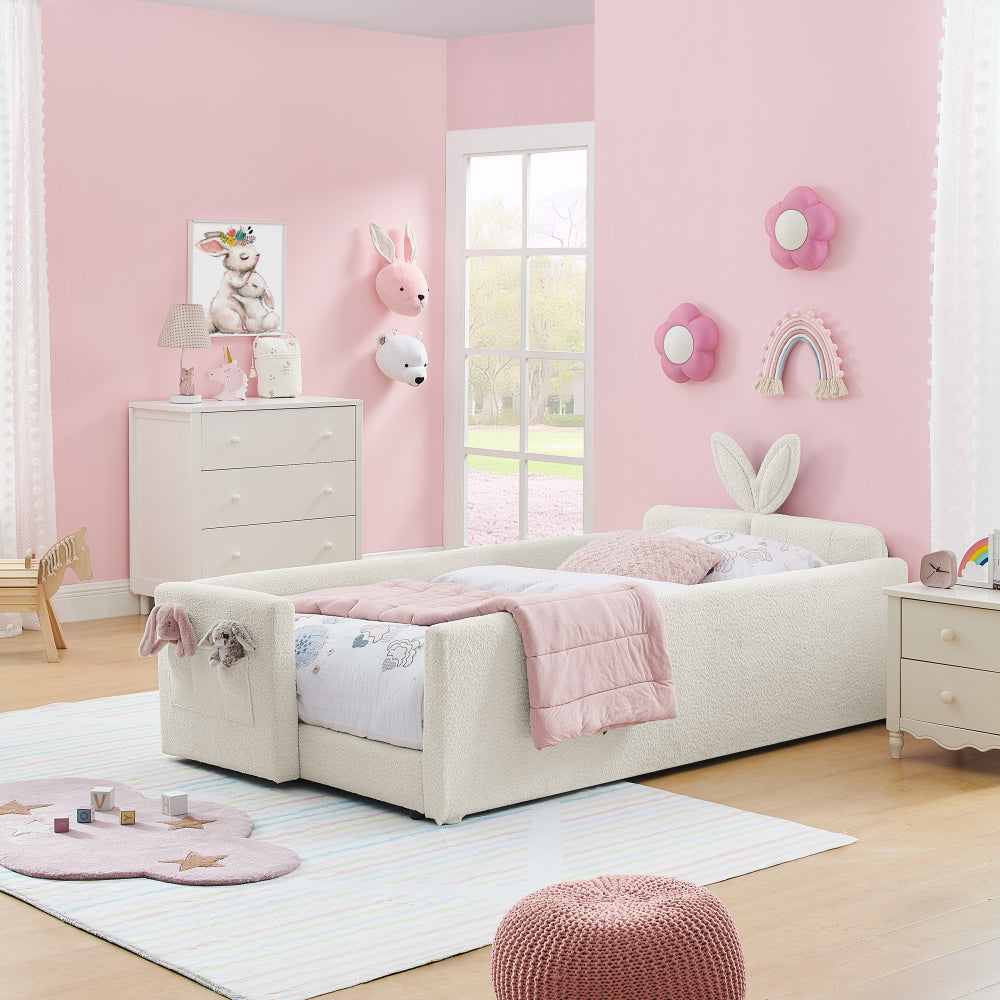 Twin Size Upholstered Platform Bed with Cute Rabbit Ear Shaped Headboard, with Safety Rail and Pocket, Boucle Fabric