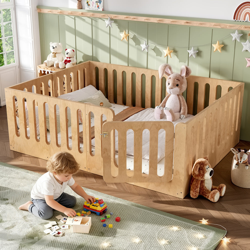 Queen Size Floor Bed with High Fence for Kids, Solid Wood Kids Montessori Bed with Door, low-profile and No Box Spring Needed Design, White.(Patent Protection)