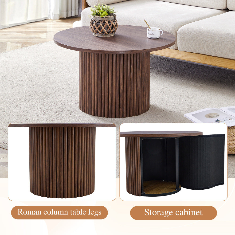 A modern circular coffee table with a diameter of 27.5 inches interprets home aesthetics and practicality. MDF material,cylindrical table leg design.Becoming the visual focal point of home decoration.