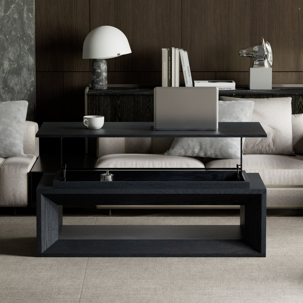 43.3'' Lift Top Rectangle Coffee Table with Storage, Modern Wood Veneer MDF Coffee Table with Floating Tabletop, Convertible Rising Tabletop for Living Room, Home Office, Black