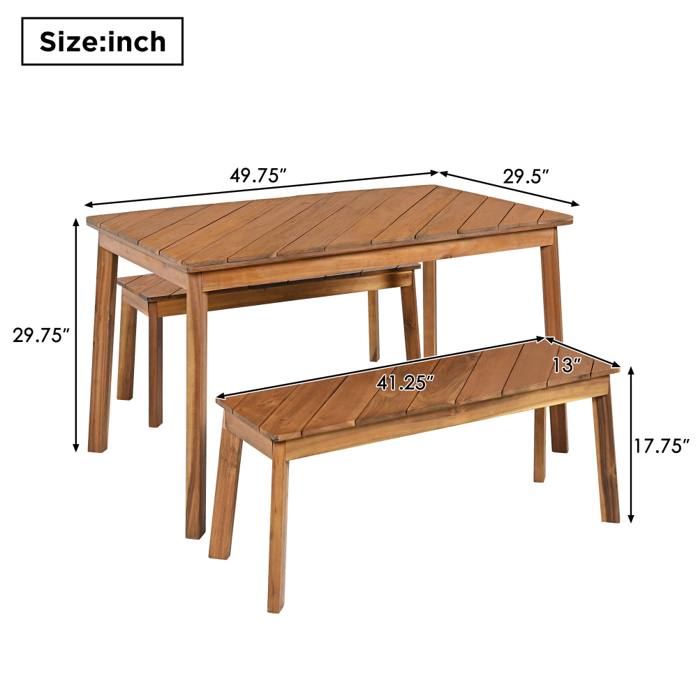 GO 3 Pieces Acacia Wood Table Bench Dining Set For Outdoor & Indoor Furniture With 2 Benches, Picnic Beer Table for Patio, Porch, Garden, Poolside, Natural