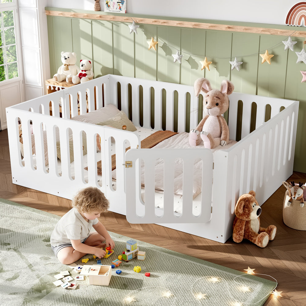 Queen Size Floor Bed with High Fence for Kids, Solid Wood Kids Montessori Bed with Door, low-profile and No Box Spring Needed Design, White.(Patent Protection)