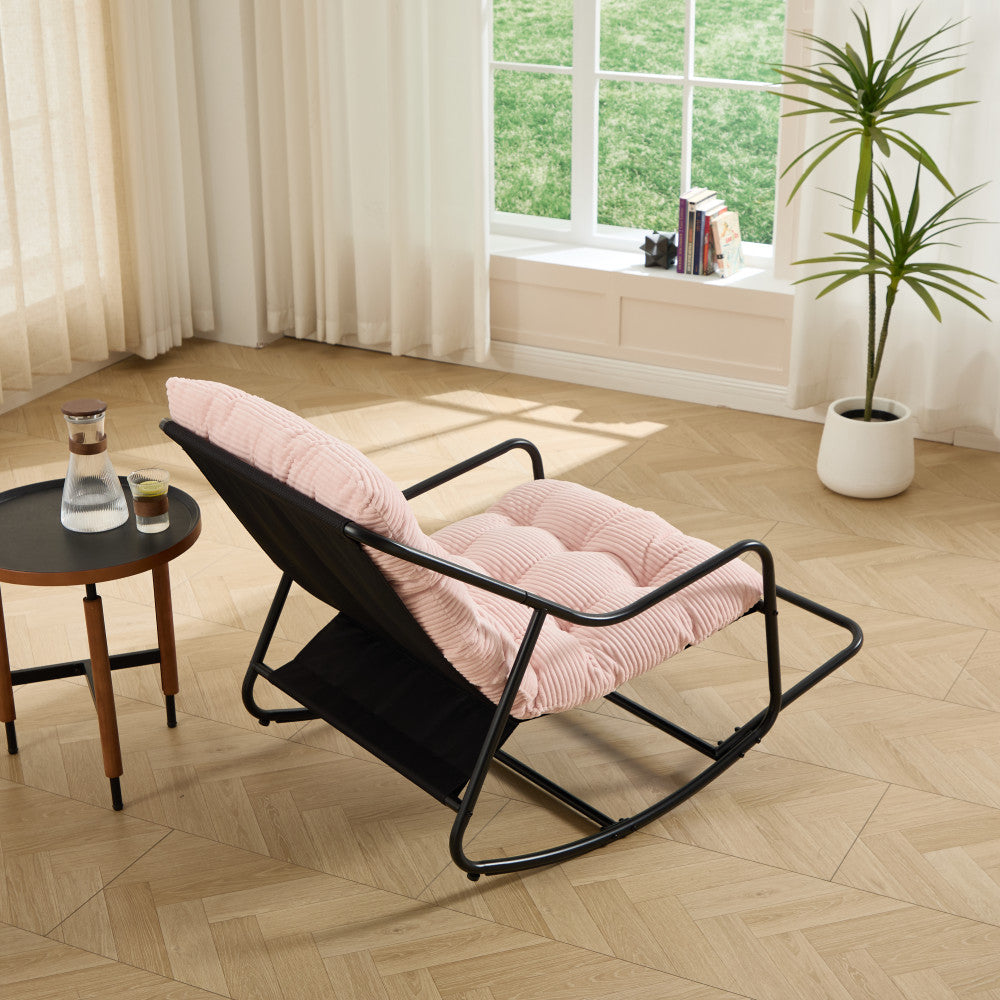 Outdoor Rocking Chair, Comfy Cushion, with Soft Thick Cushion,for Living Room, Bedroom, Reading Room, Black Frame with Pink Cushion