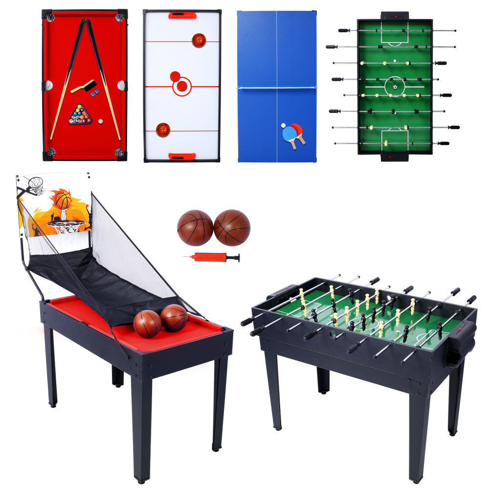 5-in-1 Multi-Game Table - Billiards, Push Hockey, Foosball, Ping Pong, and Basketball  brown/red