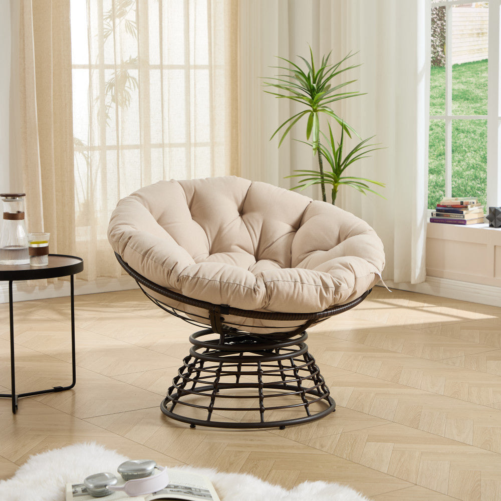 Comfortable Ergonomic Wicker Papasan Chair, 360° Swivel Indoor Outdoor Rattan Chair with Soft Thick Cushion, Ideal for Living Room, Bedroom, Reading Room, Brown Frame with Pink Cushion