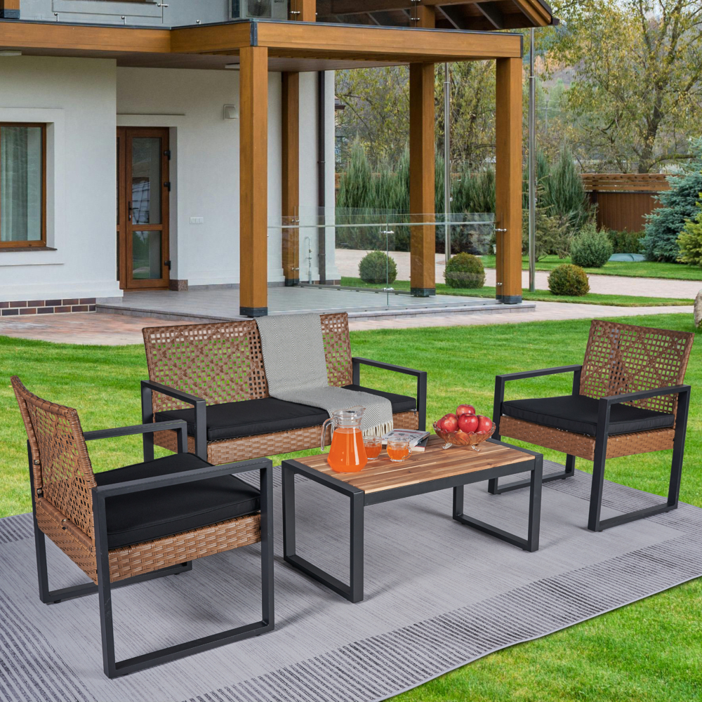 4-Piece Patio Furniture Set Outdoor Balcony Porch Garden Backyard Lawn Furniture Gray Acacia Wood Table Top, Blue Cushion and Light Gray rattan