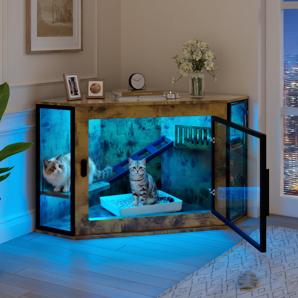 48" Corner Cat Litter Box Enclosure, Modern Hidden Litter Box Corner Cabinet with Acrylic Door and LED Light, Cat House with Playground and Stairs, Tiger