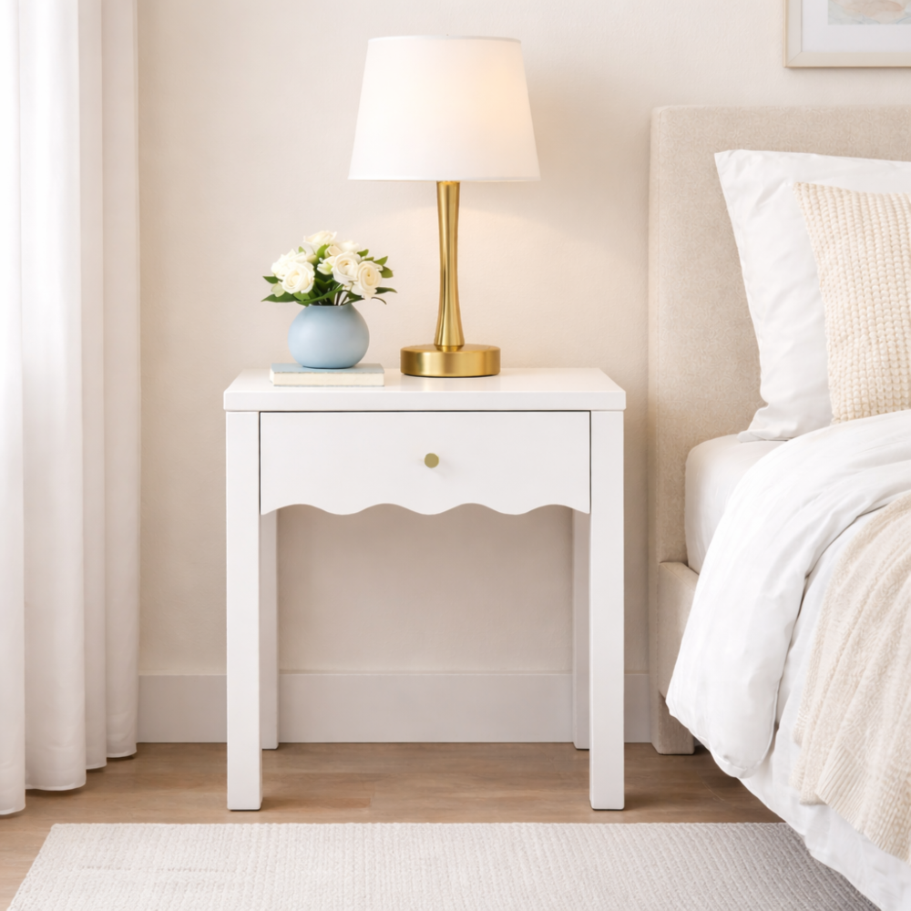 Modern White Nightstand with Drawer and Open Shelf,Scalloped Edge Bedside Table for Bedroom, Cute Minimalist Side Table for Kids Room or Girls' Room