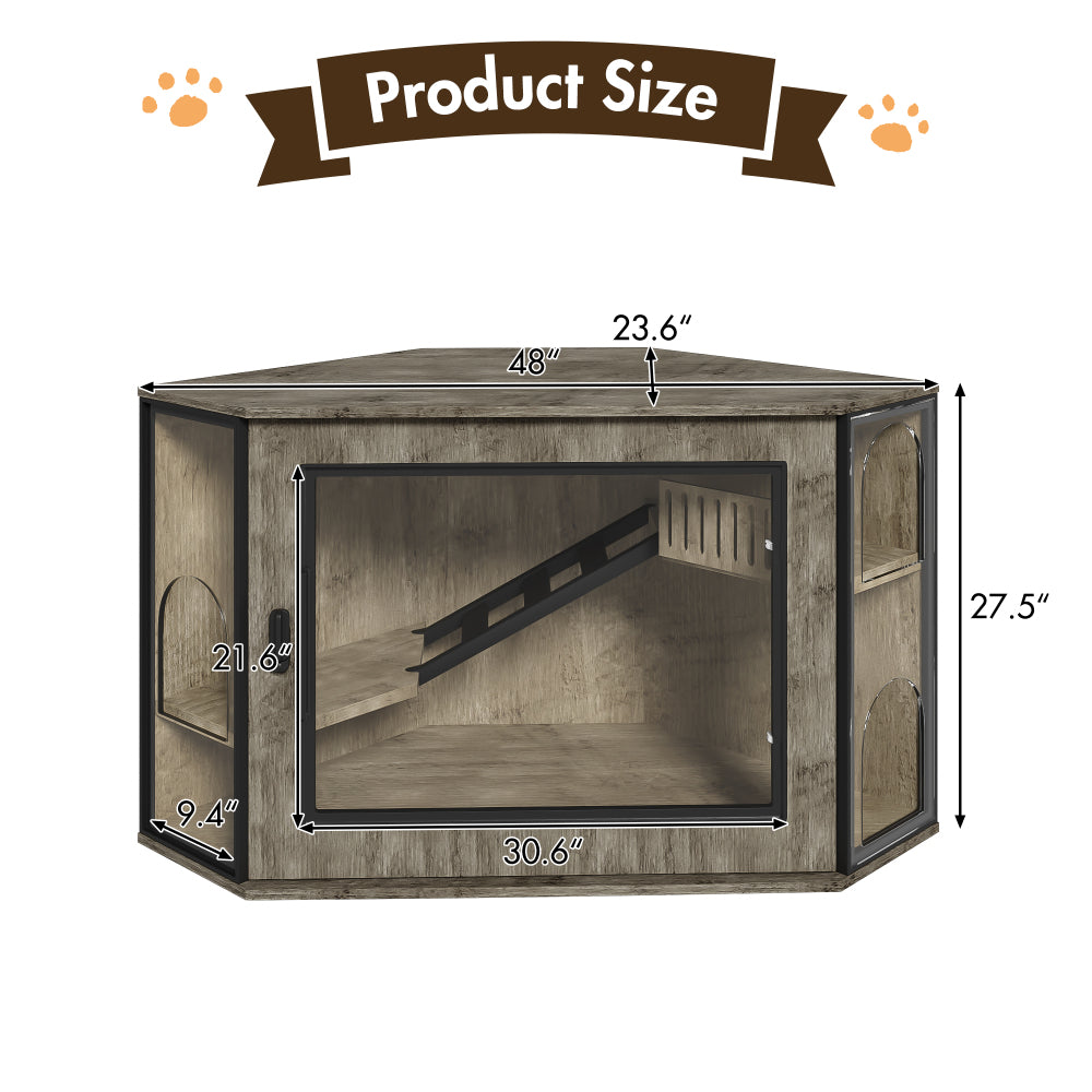 48" Corner Cat Litter Box Enclosure, Modern Hidden Litter Box Corner Cabinet with Acrylic Door and LED Light, Cat House with Playground and Stairs, Tiger