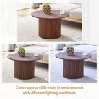 A modern circular coffee table with a diameter of 27.5 inches interprets home aesthetics and practicality. MDF material,cylindrical table leg design.Becoming the visual focal point of home decoration.