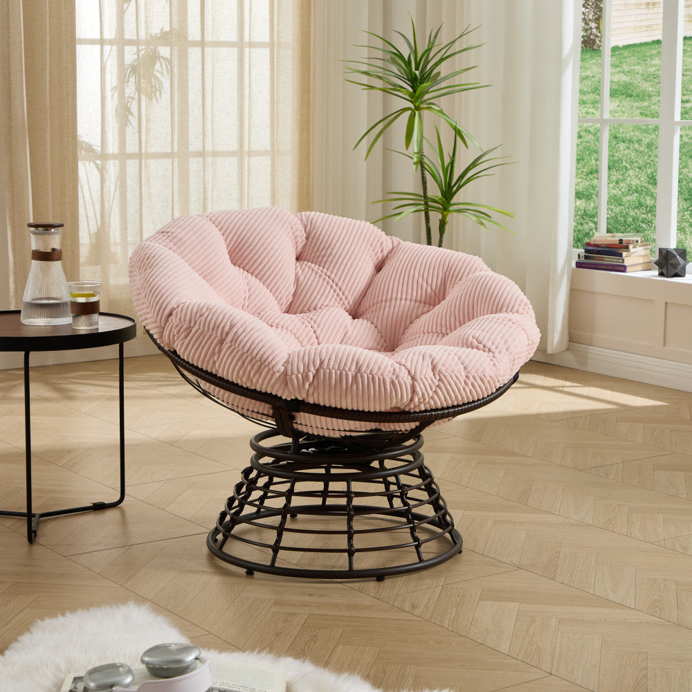 Comfortable Ergonomic Wicker Papasan Chair, 360° Swivel Indoor Outdoor Rattan Chair with Soft Thick Cushion, Ideal for Living Room, Bedroom, Reading Room, Brown Frame with Pink Cushion