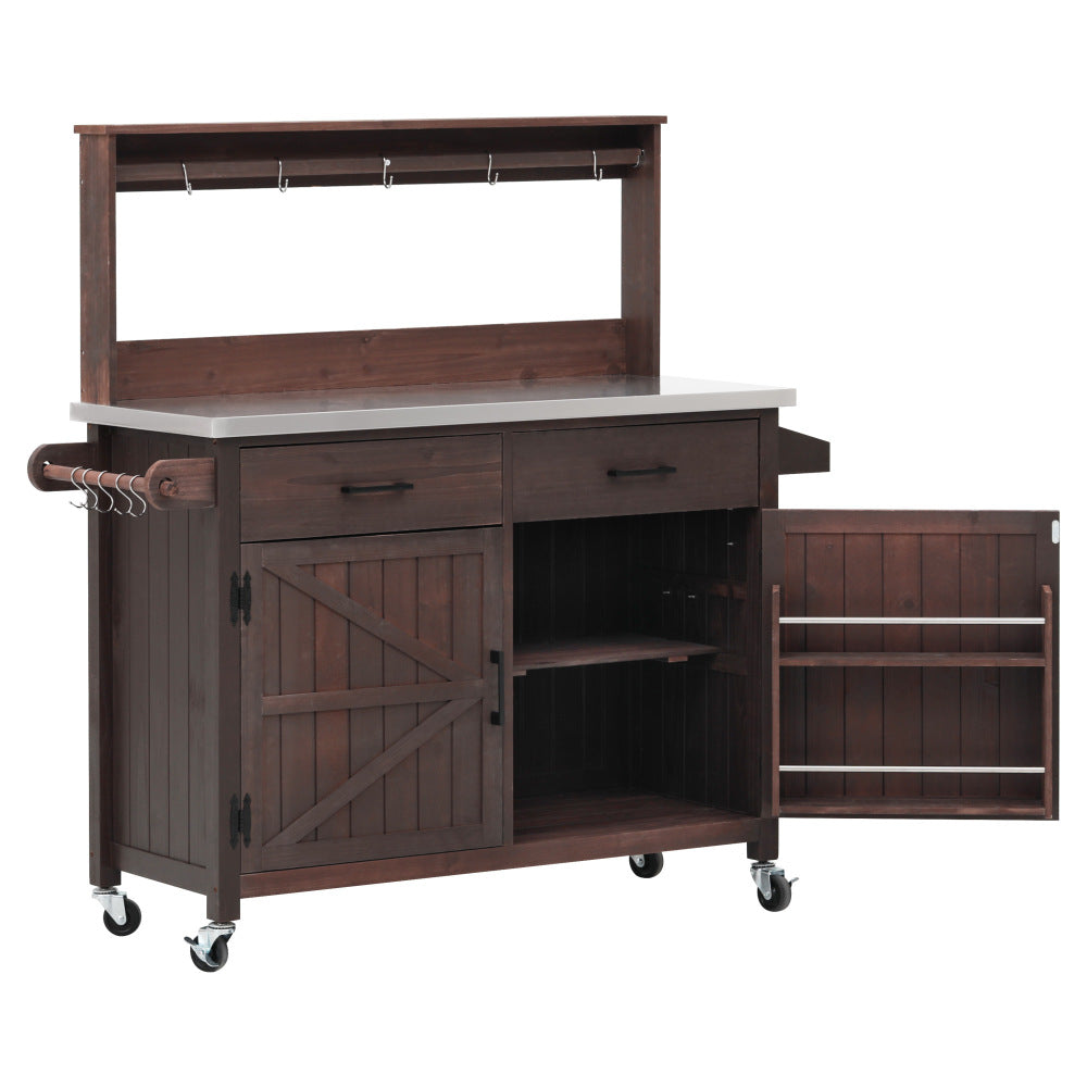 K&K 54.1" Outdoor Kitchen Island with High Shelf, Large Outdoor Potting Bench Table with Stainless Steel Top and Storage Cabinet, Solid Wood Grill Cart With Lockable Wheels for BBQ, Garden, Brown
