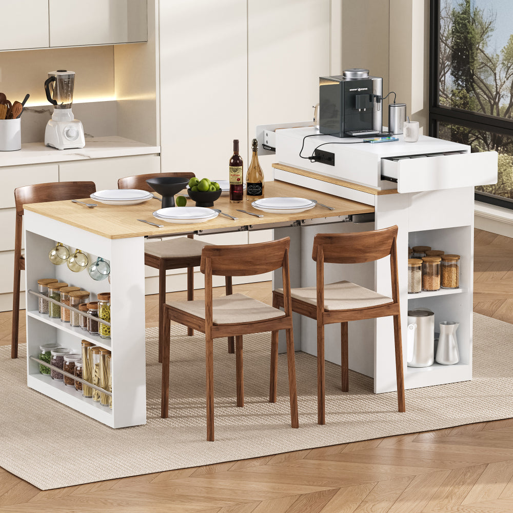 [VIDEO] TREXM Extendable Dining Table with Folding Tabletop, Bar Table with Drawers and Power Outlet, Kitchen Island with Wheels and Hooks, Sideboard for Kitchen and Dining Room (Creamy White+Natural)