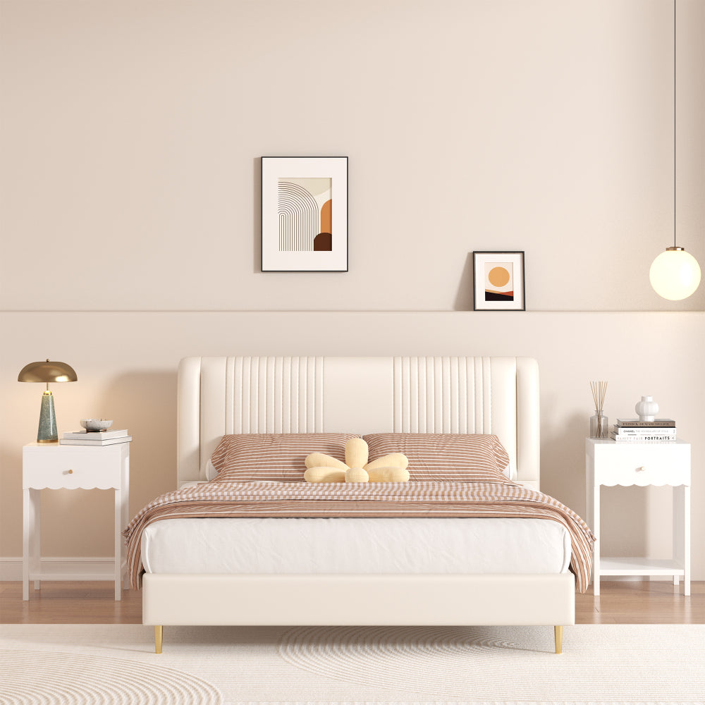 Modern White Nightstand with Drawer and Open Shelf,Scalloped Edge Bedside Table for Bedroom, Cute Minimalist Side Table for Kids Room or Girls' Room