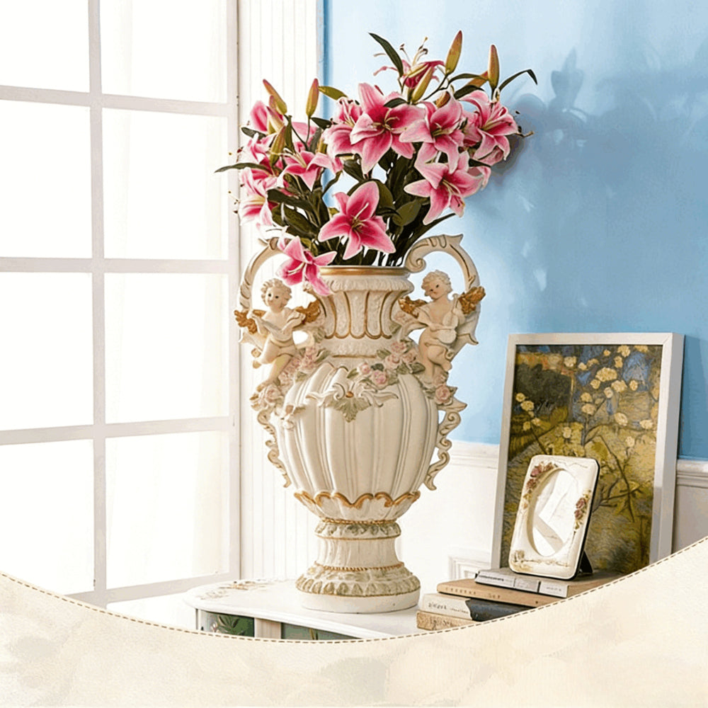 28.35" H x 19.70" L x 13.20" W European Style Angel Cupid Vase, Resin Handicraft Decor, Creative Home Soft Decoration for Living Room & Indoor Spaces
