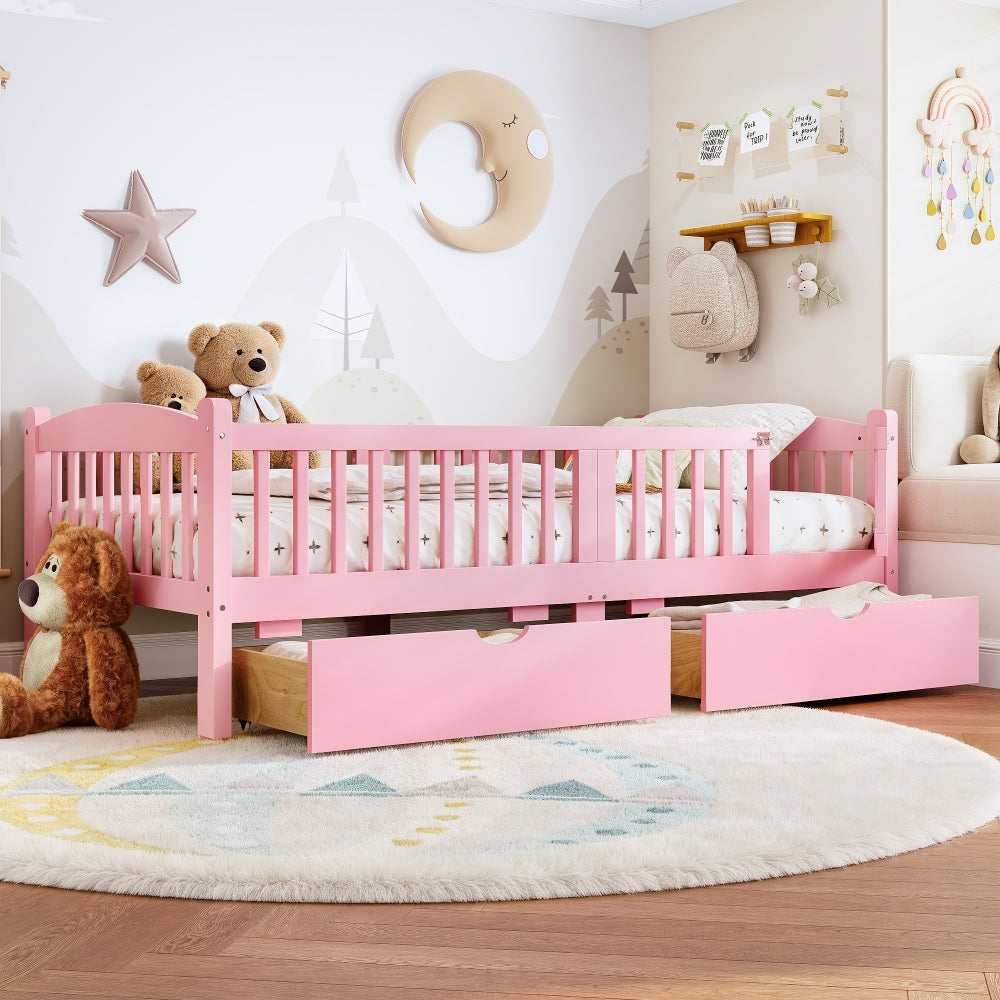 Twin Platform Bed with Full-length Guardrails, Kids Platform Bed with Storage Drawers, Childlike and Cute Headboard Design, Pink