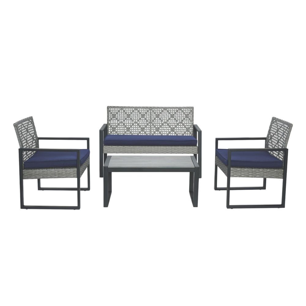 4-Piece Patio Furniture Set Outdoor Balcony Porch Garden Backyard Lawn Furniture Gray Acacia Wood Table Top, Blue Cushion and Light Gray rattan