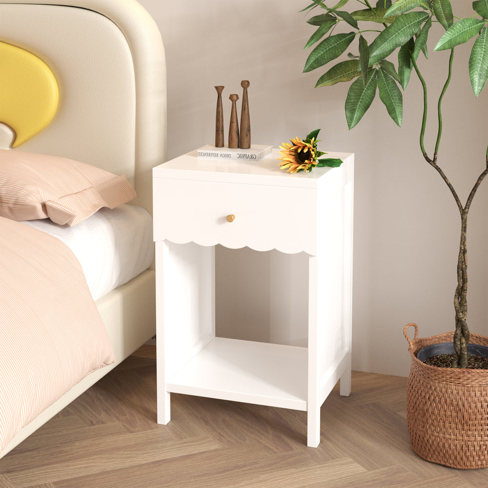 Modern White Nightstand with Drawer and Open Shelf,Scalloped Edge Bedside Table for Bedroom, Cute Minimalist Side Table for Kids Room or Girls' Room