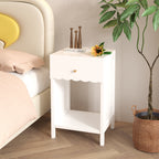 Modern White Nightstand with Drawer and Open Shelf,Scalloped Edge Bedside Table for Bedroom, Cute Minimalist Side Table for Kids Room or Girls' Room