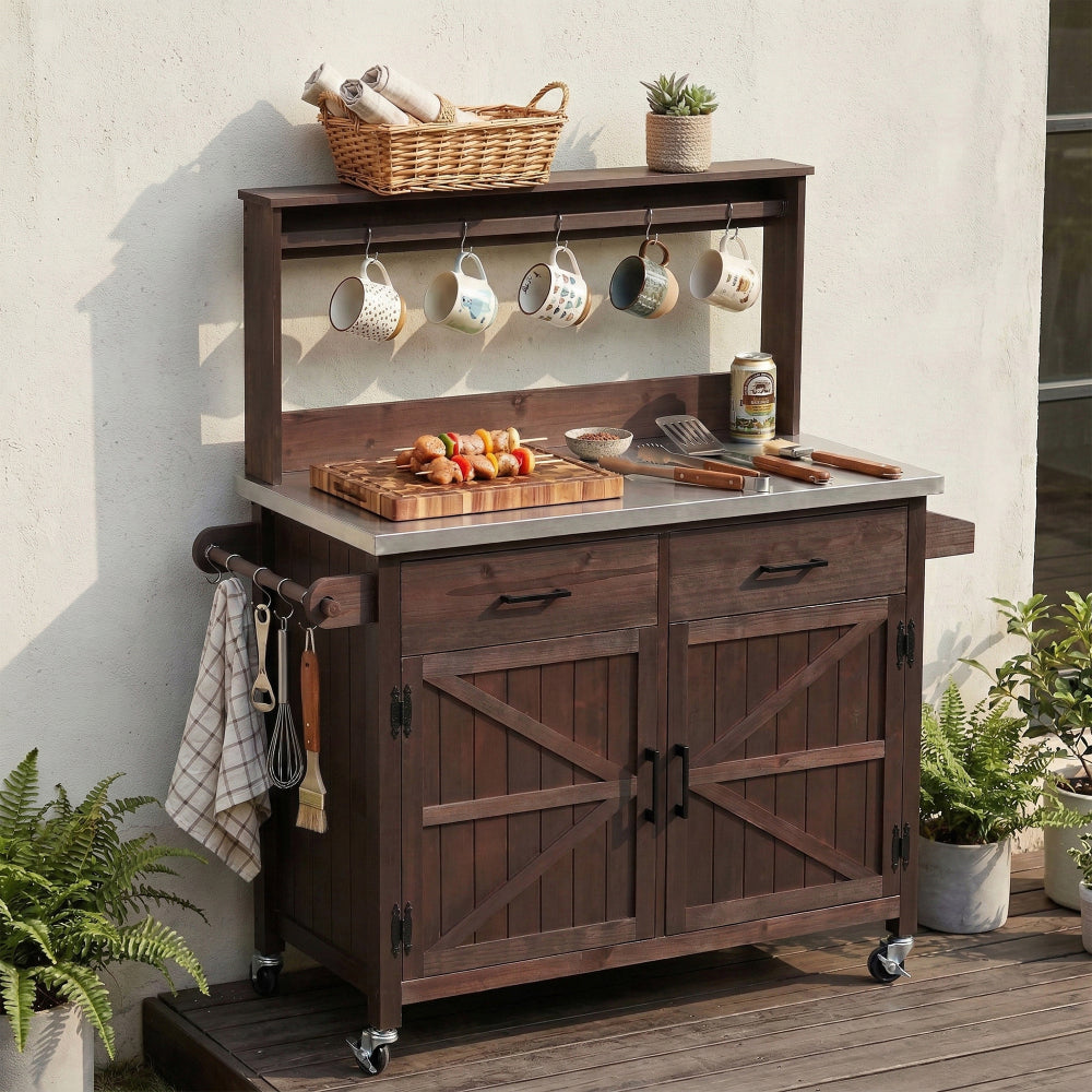 K&K 54.1" Outdoor Kitchen Island with High Shelf, Large Outdoor Potting Bench Table with Stainless Steel Top and Storage Cabinet, Solid Wood Grill Cart With Lockable Wheels for BBQ, Garden, Brown