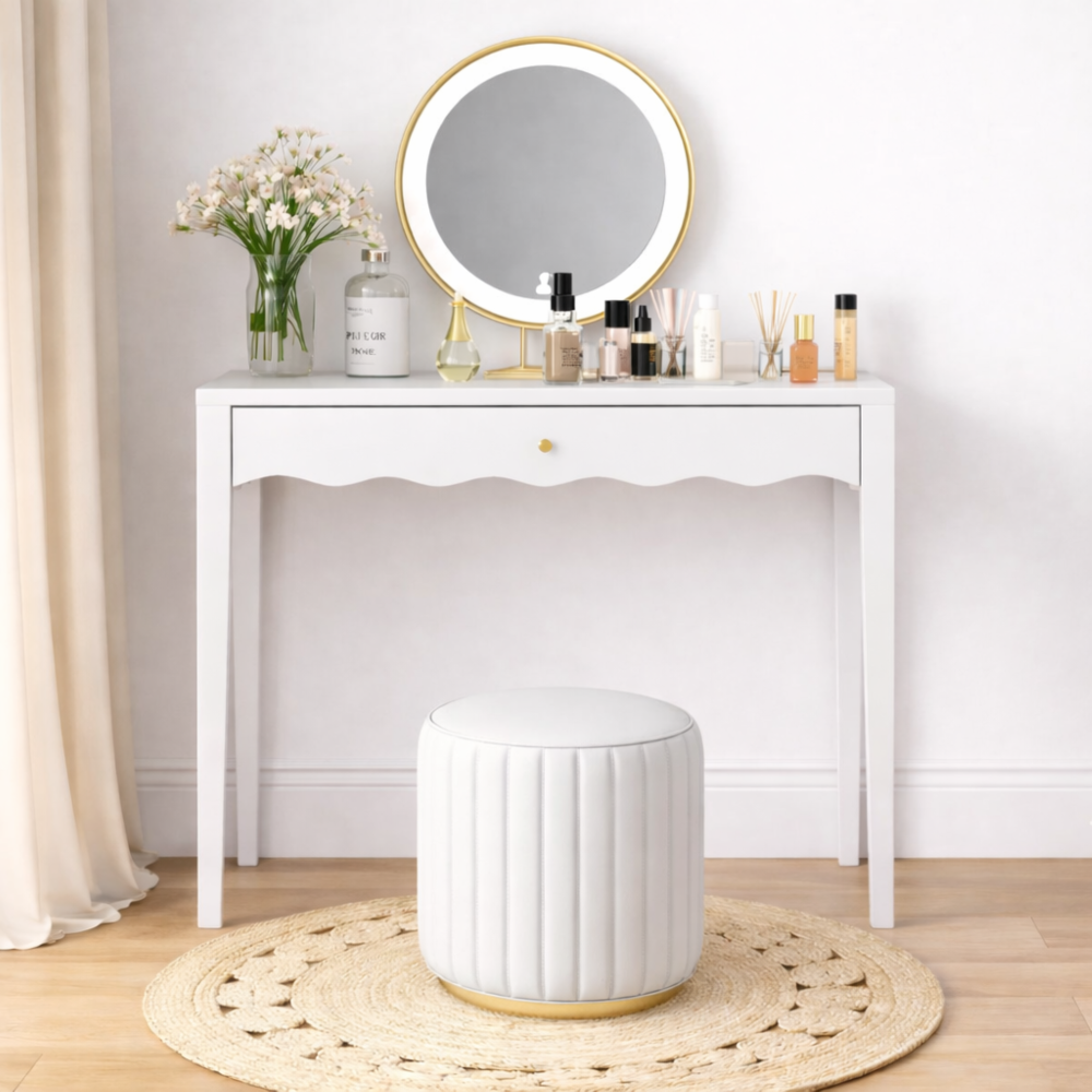 Modern White Nightstand with Drawer and Open Shelf,Scalloped Edge Bedside Table for Bedroom, Cute Minimalist Side Table for Kids Room or Girls' Room
