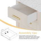 Upholstered Wooden Nightstand with 3 Drawers and Metal Legs&Handles, Bedside Table with Marbling Stickers Worktop - Beige