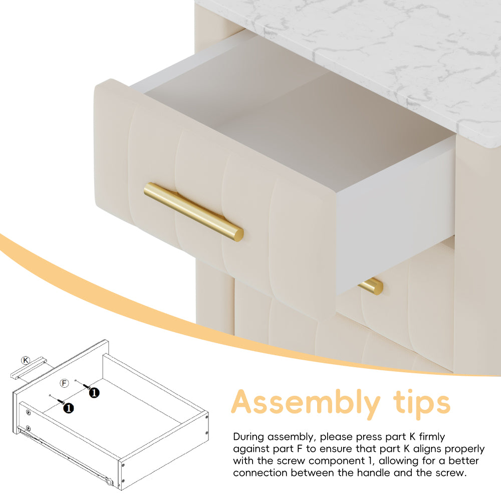 Upholstered Wooden Nightstand with 3 Drawers and Metal Legs&Handles, Bedside Table with Marbling Stickers Worktop - Beige