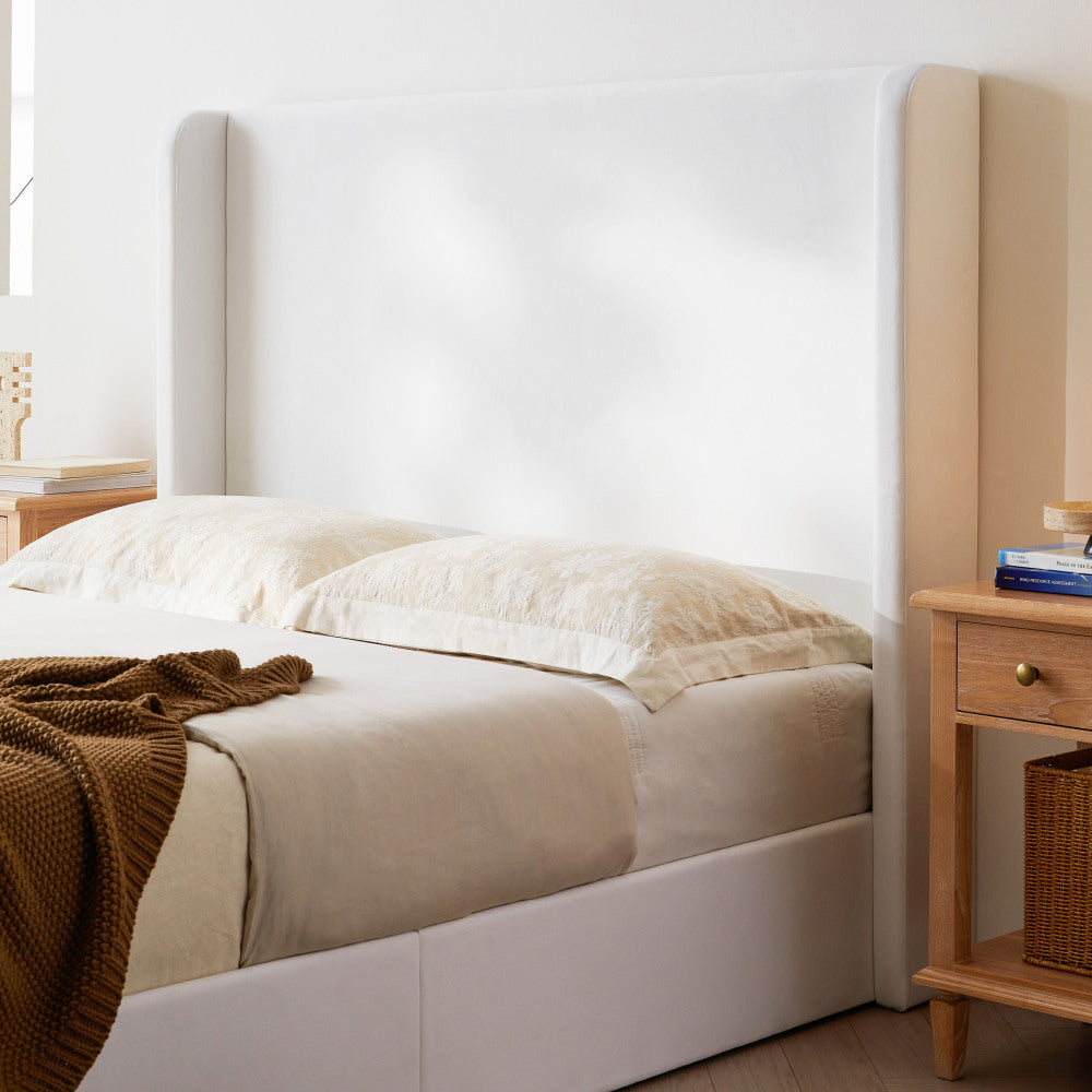 Carmen Upholstered Wingback Bed / Upholstered Platform Bed Frame / 52.3" High Headboard / Simplicity / Minimalist / No Box Spring Needed / Easy Assembly / King /  Coconut Micro Suede  /  No Noise