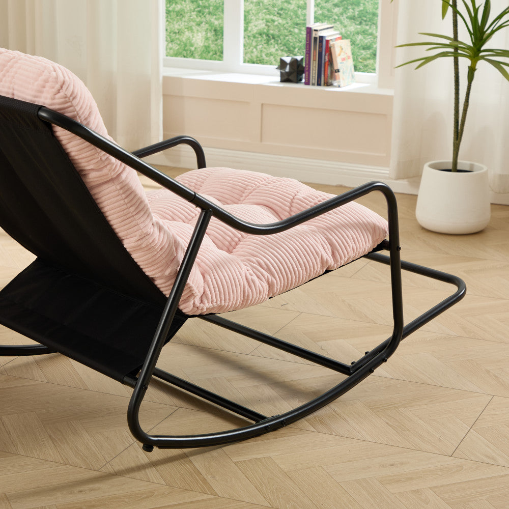 Outdoor Rocking Chair, Comfy Cushion, with Soft Thick Cushion,for Living Room, Bedroom, Reading Room, Black Frame with Pink Cushion