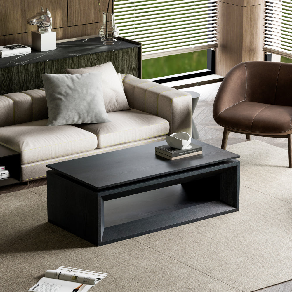 43.3'' Lift Top Rectangle Coffee Table with Storage, Modern Wood Veneer MDF Coffee Table with Floating Tabletop, Convertible Rising Tabletop for Living Room, Home Office, Black