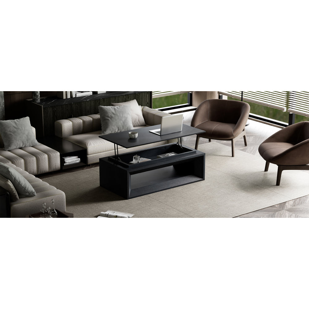 43.3'' Lift Top Rectangle Coffee Table with Storage, Modern Wood Veneer MDF Coffee Table with Floating Tabletop, Convertible Rising Tabletop for Living Room, Home Office, Black