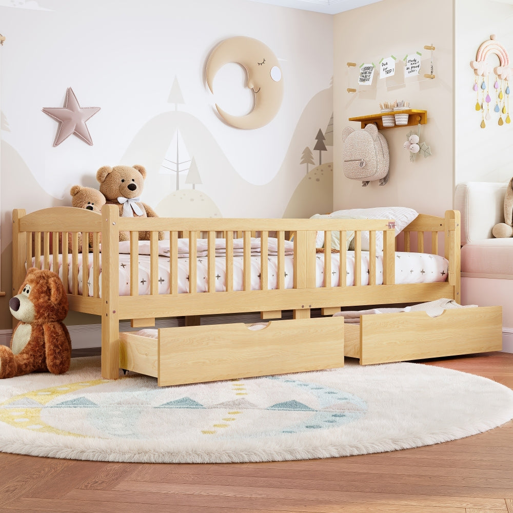 Twin Platform Bed with Full-length Guardrails, Kids Platform Bed with Storage Drawers, Childlike and Cute Headboard Design, Pink