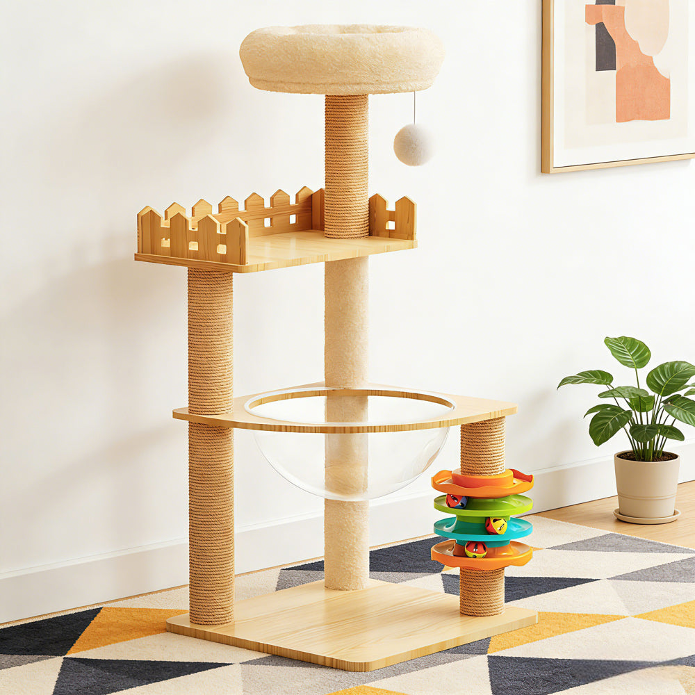 30.7" Modern Cat Tree Tower with Mushroom-Themed Cat House and Sisal Scratching Posts, Suitable for Indoor Use and Multi-Cat Households