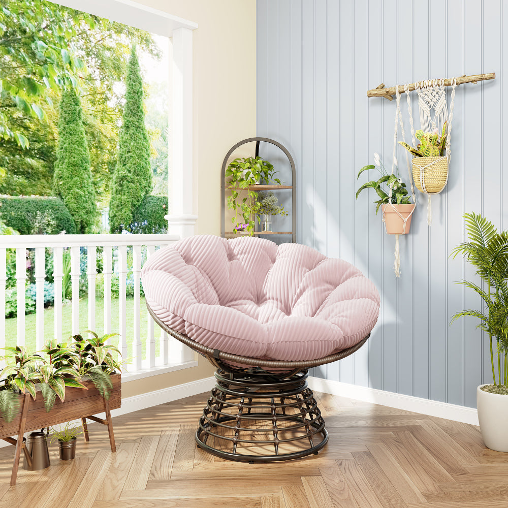 Comfortable Ergonomic Wicker Papasan Chair, 360° Swivel Indoor Outdoor Rattan Chair with Soft Thick Cushion, Ideal for Living Room, Bedroom, Reading Room, Brown Frame with Pink Cushion
