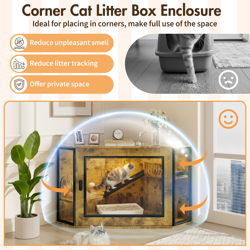 48" Corner Cat Litter Box Enclosure, Modern Hidden Litter Box Corner Cabinet with Acrylic Door and LED Light, Cat House with Playground and Stairs, Tiger