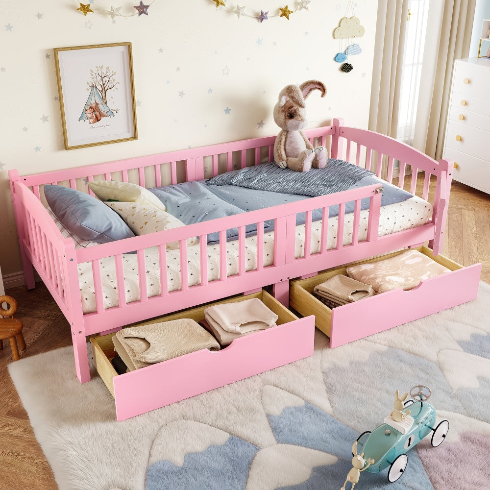 Twin Platform Bed with Full-length Guardrails, Kids Platform Bed with Storage Drawers, Childlike and Cute Headboard Design, Pink