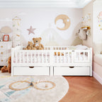 Twin Platform Bed with Full-length Guardrails, Kids Platform Bed with Storage Drawers, Childlike and Cute Headboard Design, Pink
