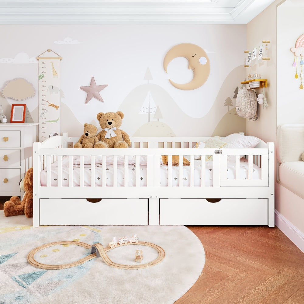 Twin Platform Bed with Full-length Guardrails, Kids Platform Bed with Storage Drawers, Childlike and Cute Headboard Design, Pink