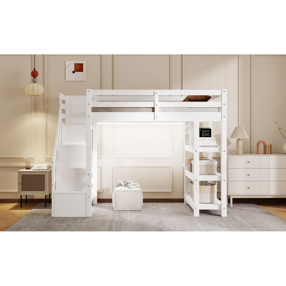 Twin Size Loft Bed with Shelves, Storage Staircase, Small Wardrobe and White LED Light, White