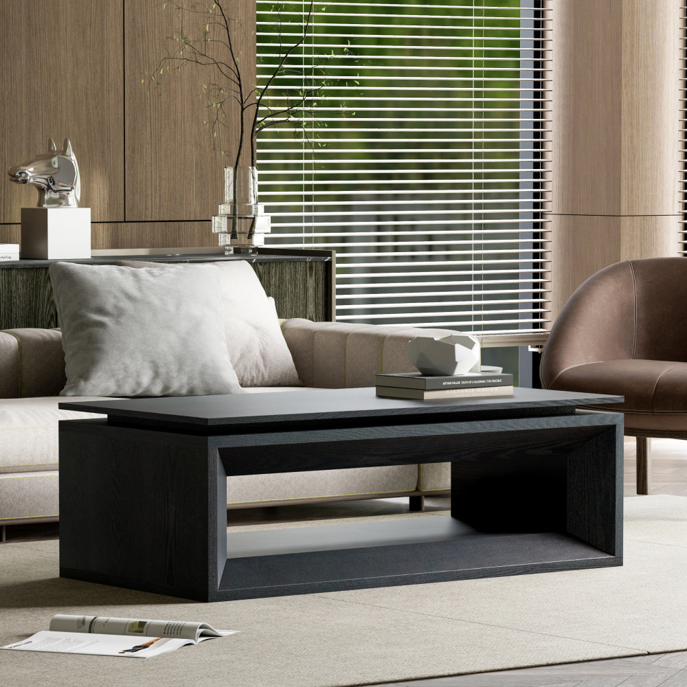 43.3'' Lift Top Rectangle Coffee Table with Storage, Modern Wood Veneer MDF Coffee Table with Floating Tabletop, Convertible Rising Tabletop for Living Room, Home Office, Black