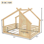 Full House Floor Bed with Window and a Small Shelf, Solid Wood Floor Bed with House-shaped Roof, No Spring Box Needed,Natural