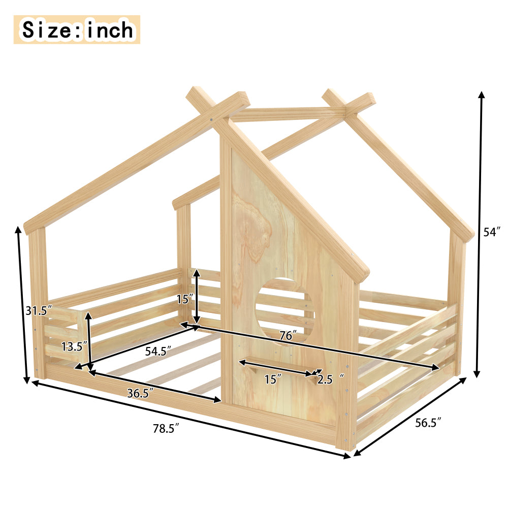 Full House Floor Bed with Window and a Small Shelf, Solid Wood Floor Bed with House-shaped Roof, No Spring Box Needed,Natural