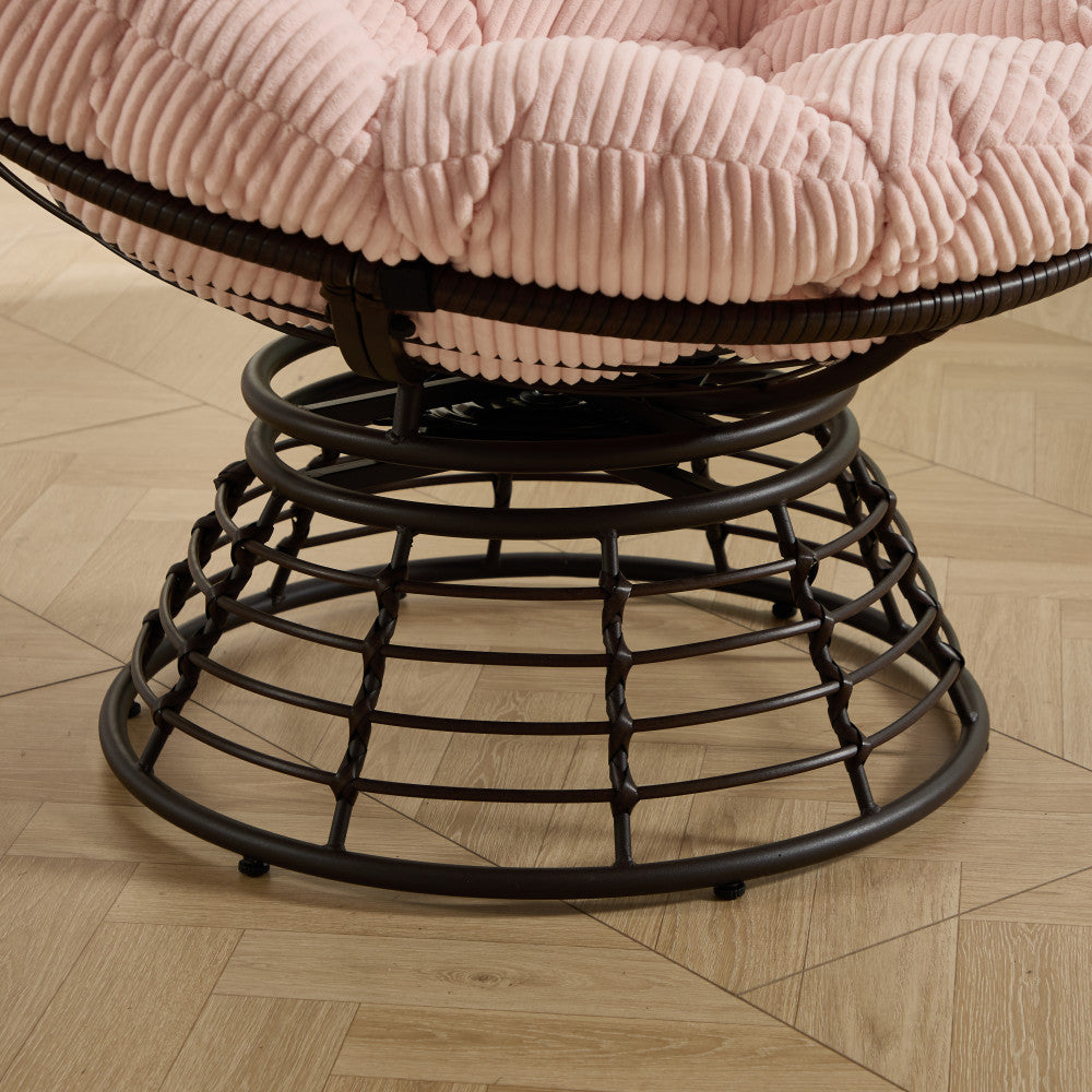 Comfortable Ergonomic Wicker Papasan Chair, 360° Swivel Indoor Outdoor Rattan Chair with Soft Thick Cushion, Ideal for Living Room, Bedroom, Reading Room, Brown Frame with Pink Cushion
