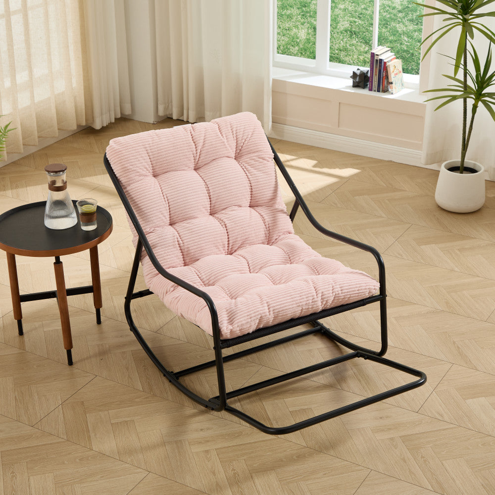 Outdoor Rocking Chair, Comfy Cushion, with Soft Thick Cushion,for Living Room, Bedroom, Reading Room, Black Frame with Pink Cushion