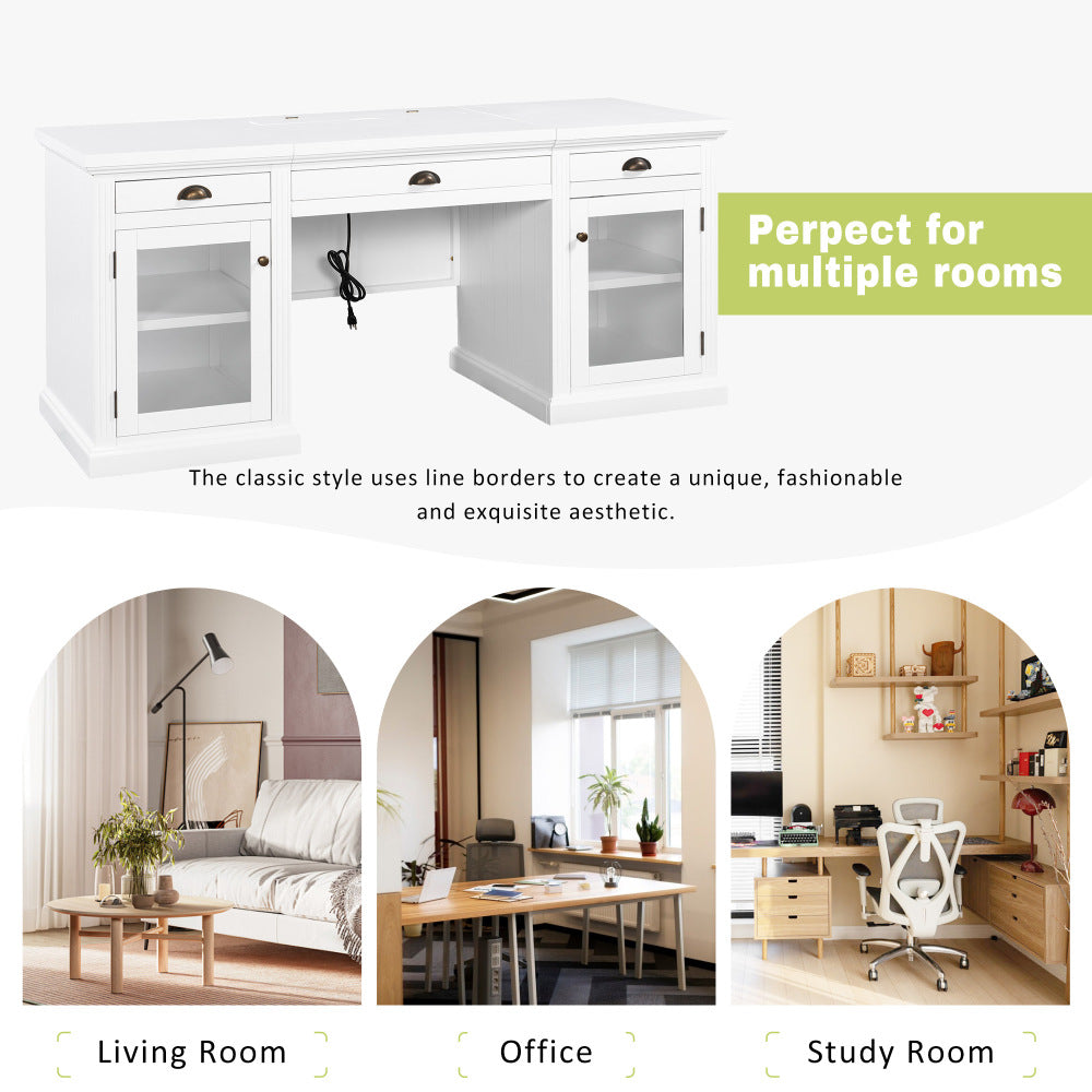 67" Modern Executive Desk,Computer Desk with 2 Glass Doors Storage Cabinet and 3 Drawers, Rectangle Home Office Desk  ,Reading Desk,Writing Table,Workstation for Home Office,Living Room,Study,White