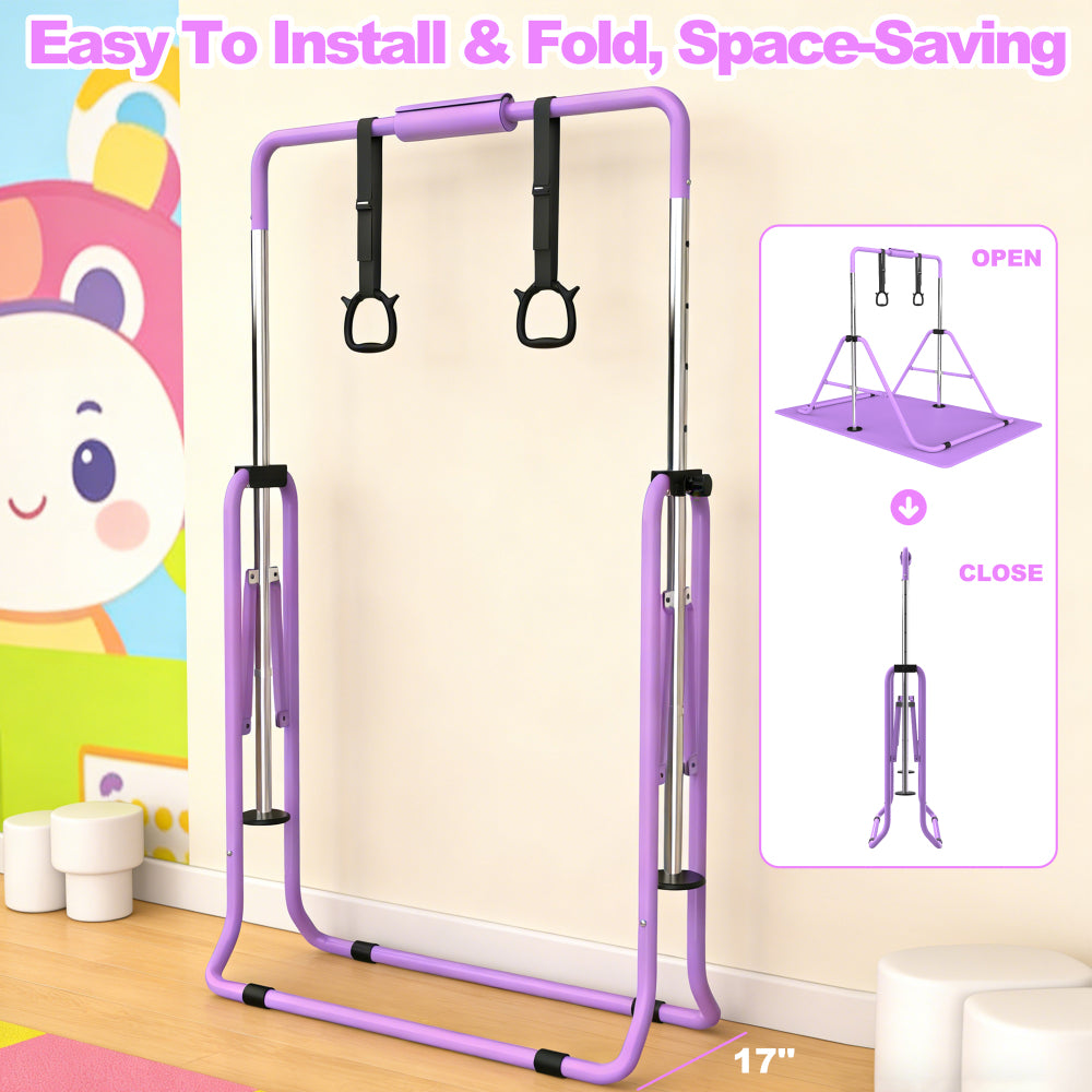 Gymnastics Bar for Kids, Gymnastics Horizontal Bar with Adjustable Height Foldable Training Bar with Mat for Home Practice